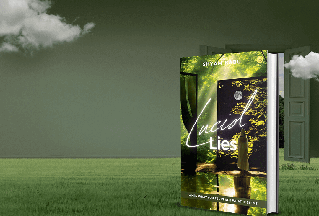 Book cover of Lucid Lies by Shyam Babu. A person in a cloak stands in a forest near two open doors, with their reflection in water.