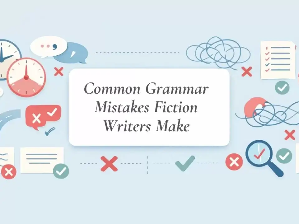 A beginner-friendly illustration showing common grammar mistakes fiction writers make in story writing