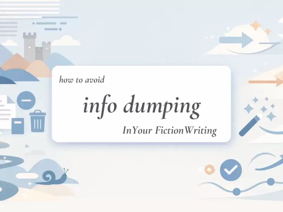 A beginner-friendly illustration showing how to avoid info dumping in stories through simple storytelling techniques